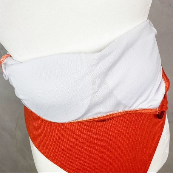 Orange one piece one shoulder knit ribbed swimsuit belted ring faux turtle - Picture 3 of 5